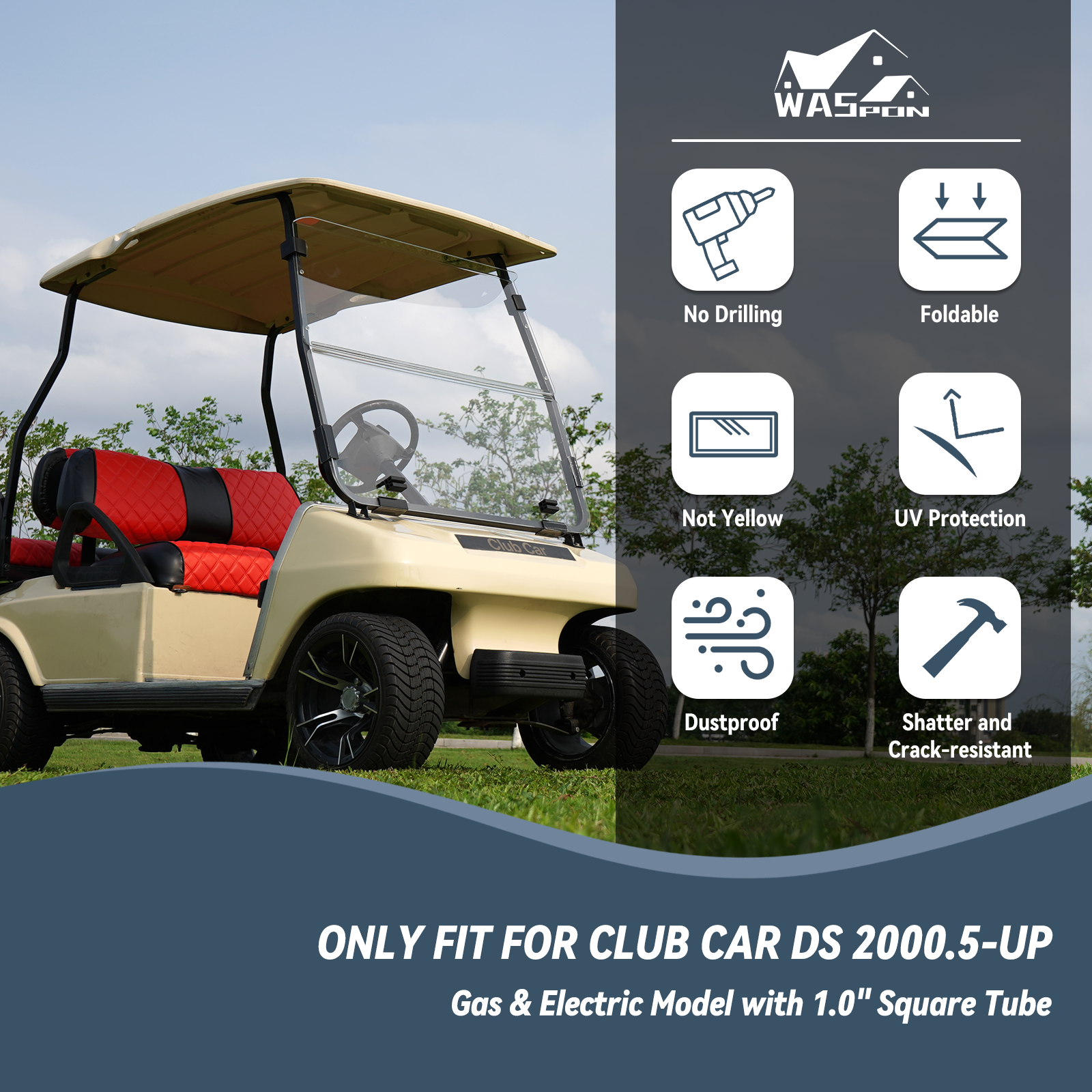 High-end golf cart, [SongChuan Acrylic Windshield Glass Sunproof Folding Impact Resistant Model], 37.5 inches W x 33.6 inches H Thickened, PC Windshield (for EZGO TXT models) Clear/Brown