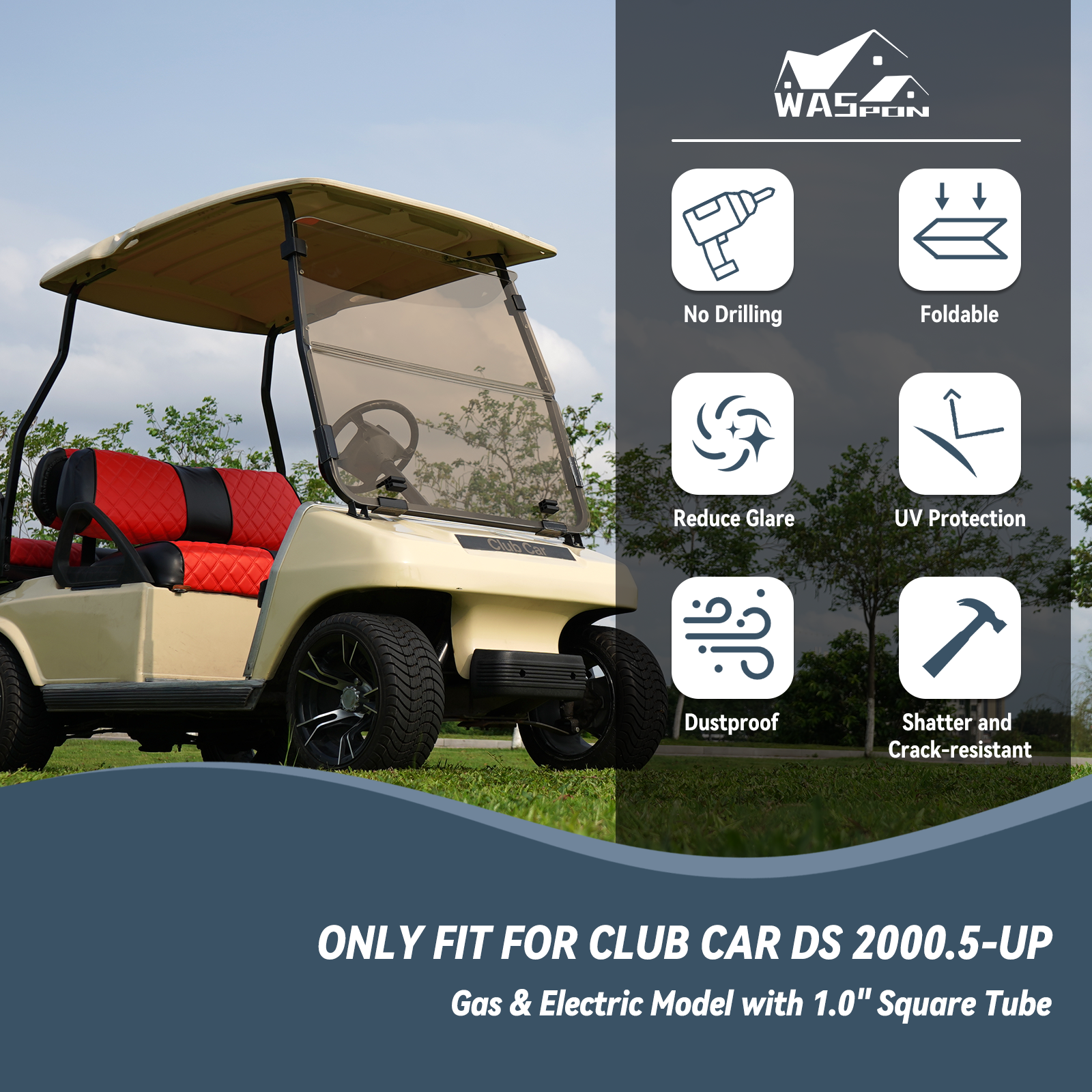 High-end golf cart, [SongChuan Acrylic Windshield Glass Sunproof Folding Impact Resistant Model], 37.5 inches W x 33.6 inches H Thickened, PC Windshield (for EZGO TXT models) Clear/Brown