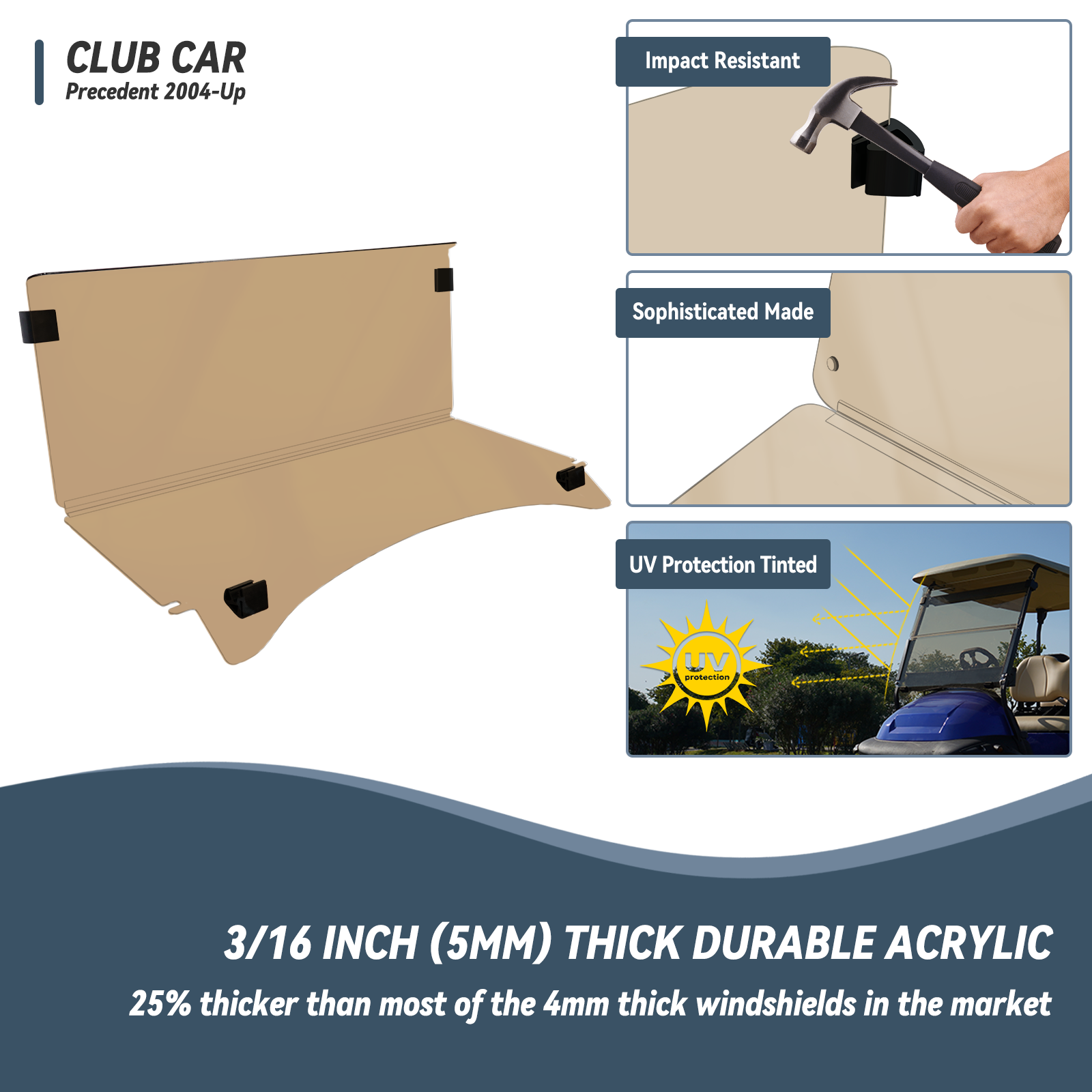 High-end golf cart, 【SongChuan Acrylic Windshield Glass Sunproof Folding Impact Resistant Model】, 37.5 inches W x 33.6 inches H Thickened, PC Windshield (for EZGO models) Clear/Brown