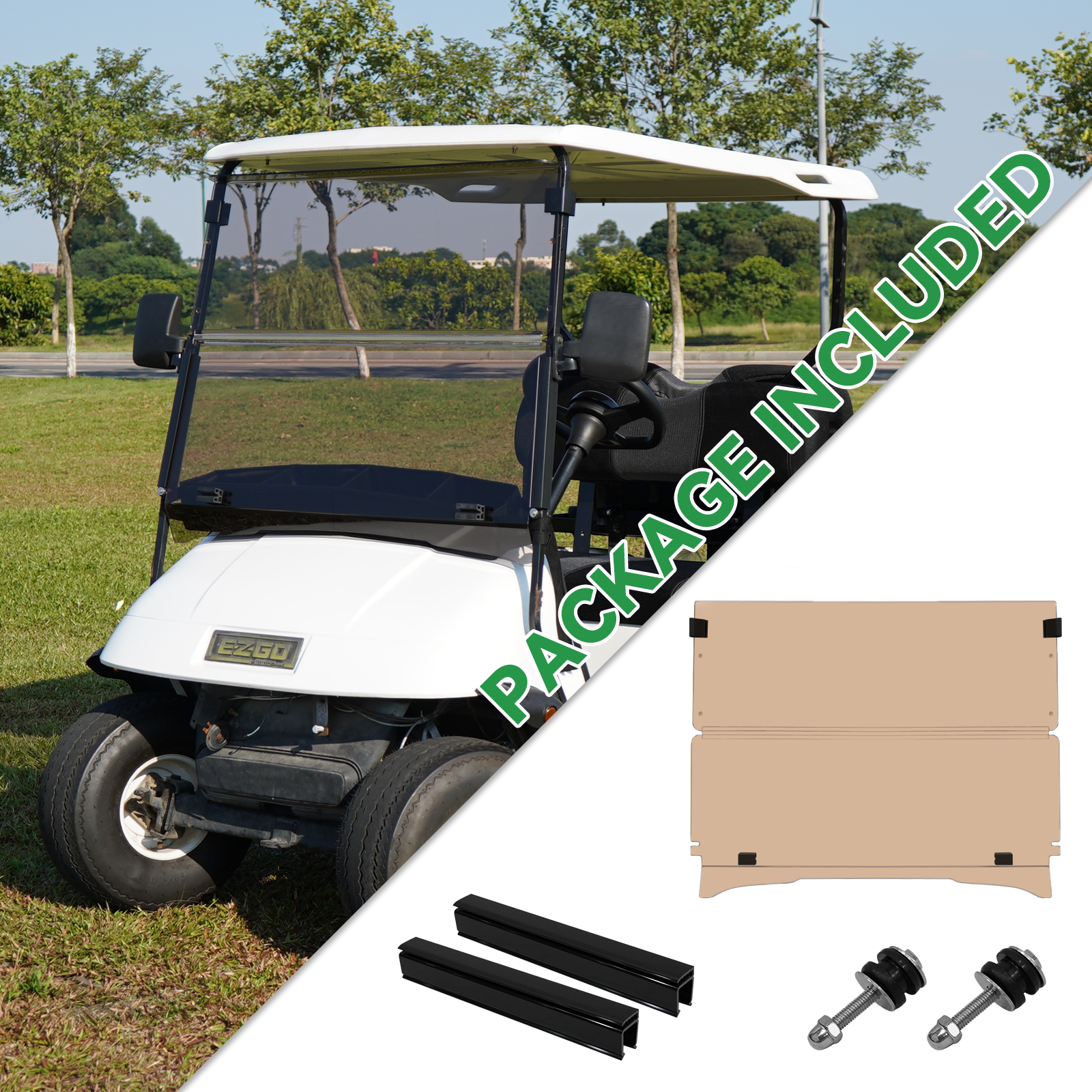 High-end golf cart, [SongChuan Acrylic Windshield Glass Sunproof Folding Impact Resistant Model], 37.5 inches W x 33.6 inches H Thickened, PC Windshield (for Yamaha models) Clear/Brown