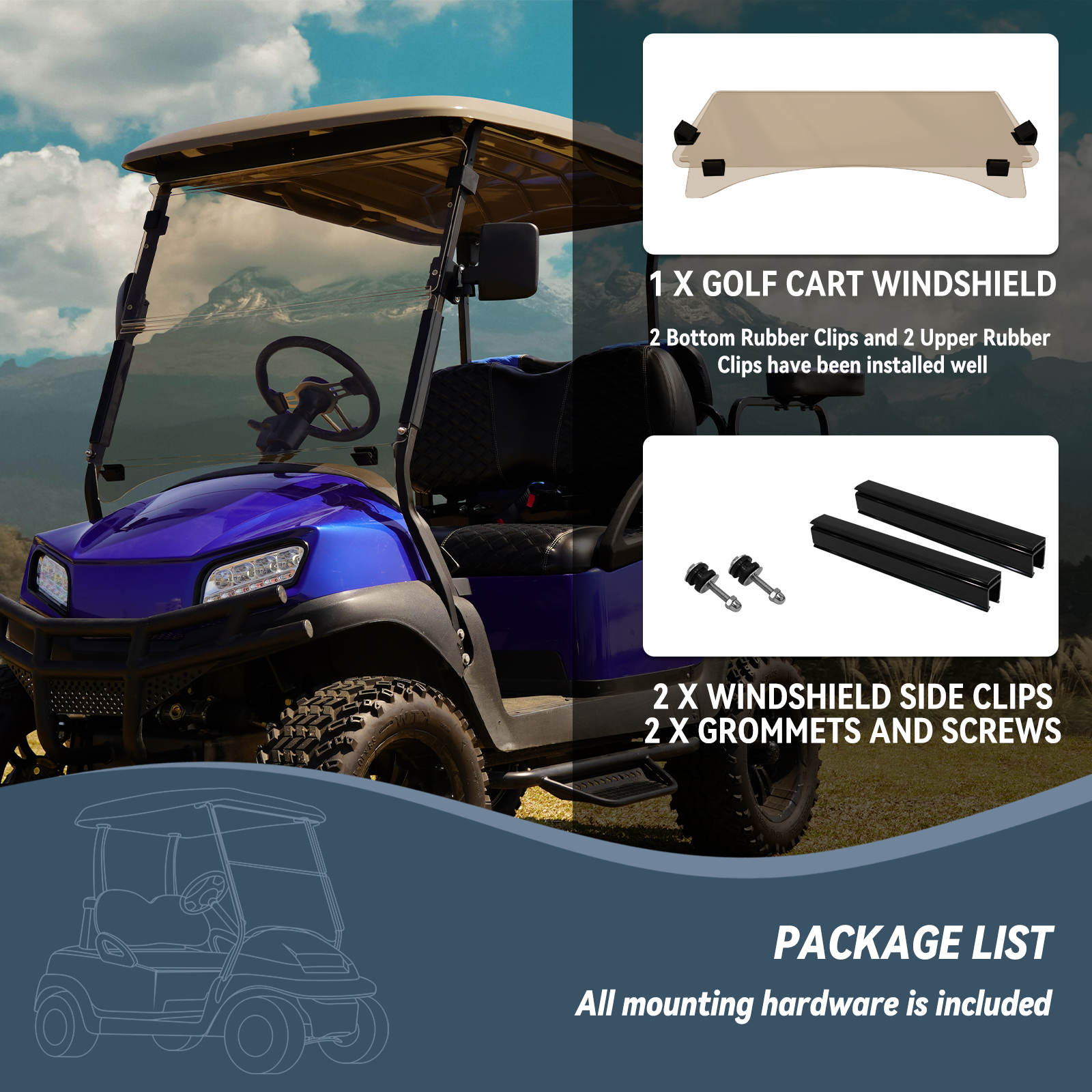 High-end golf cart, 【SongChuan Acrylic Windshield Glass Sunproof Folding Impact Resistant Model】, 37.5 inches W x 33.6 inches H Thickened, PC Windshield (for EZGO models) Clear/Brown