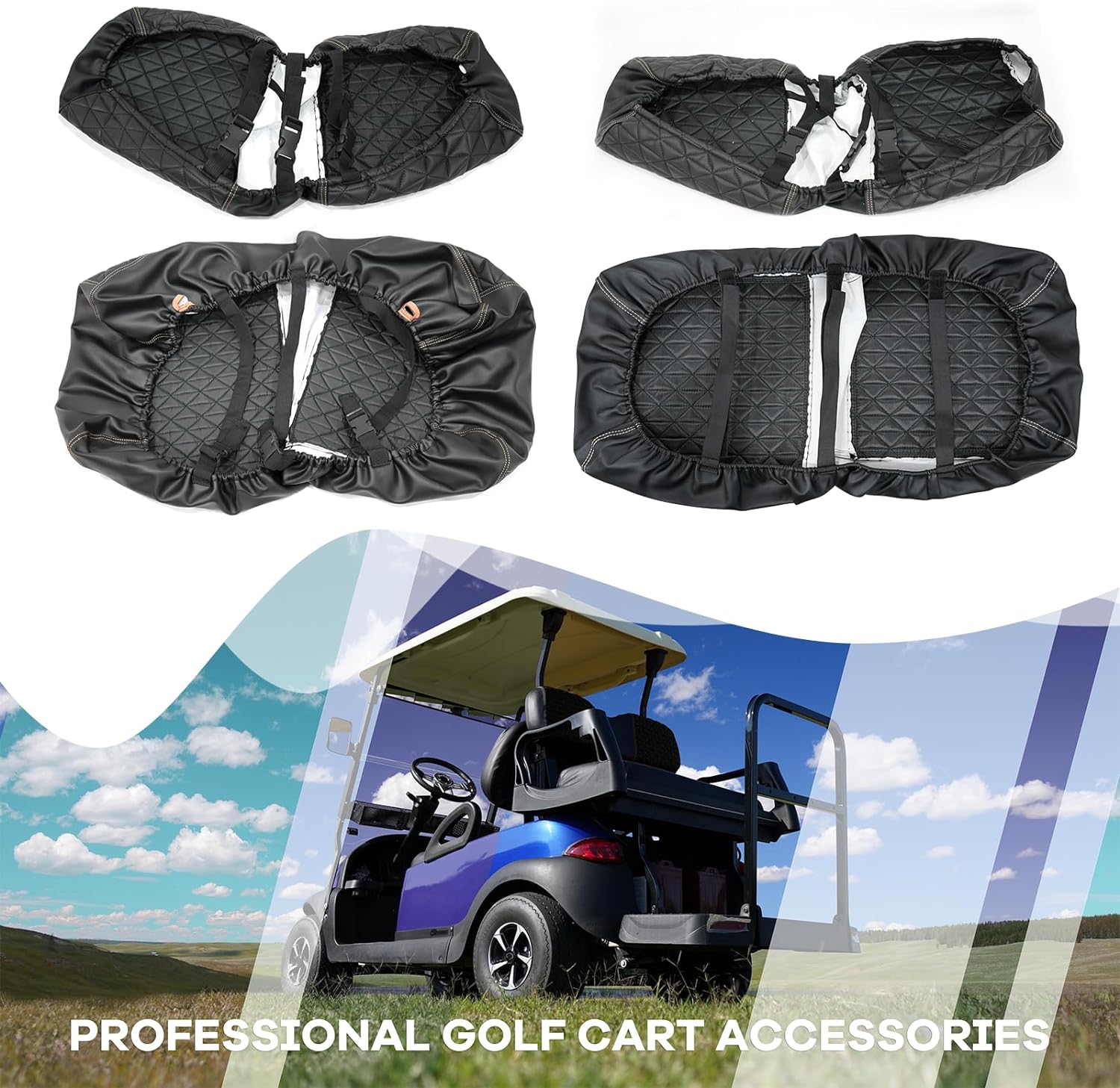 Golf Cart SongChuan High-end Seat Cover, 【Triangle Artificial Hand-Cut Line Leather Seat Cover Front Plus Rear】 (For Club Car Precedent models) Support Customization