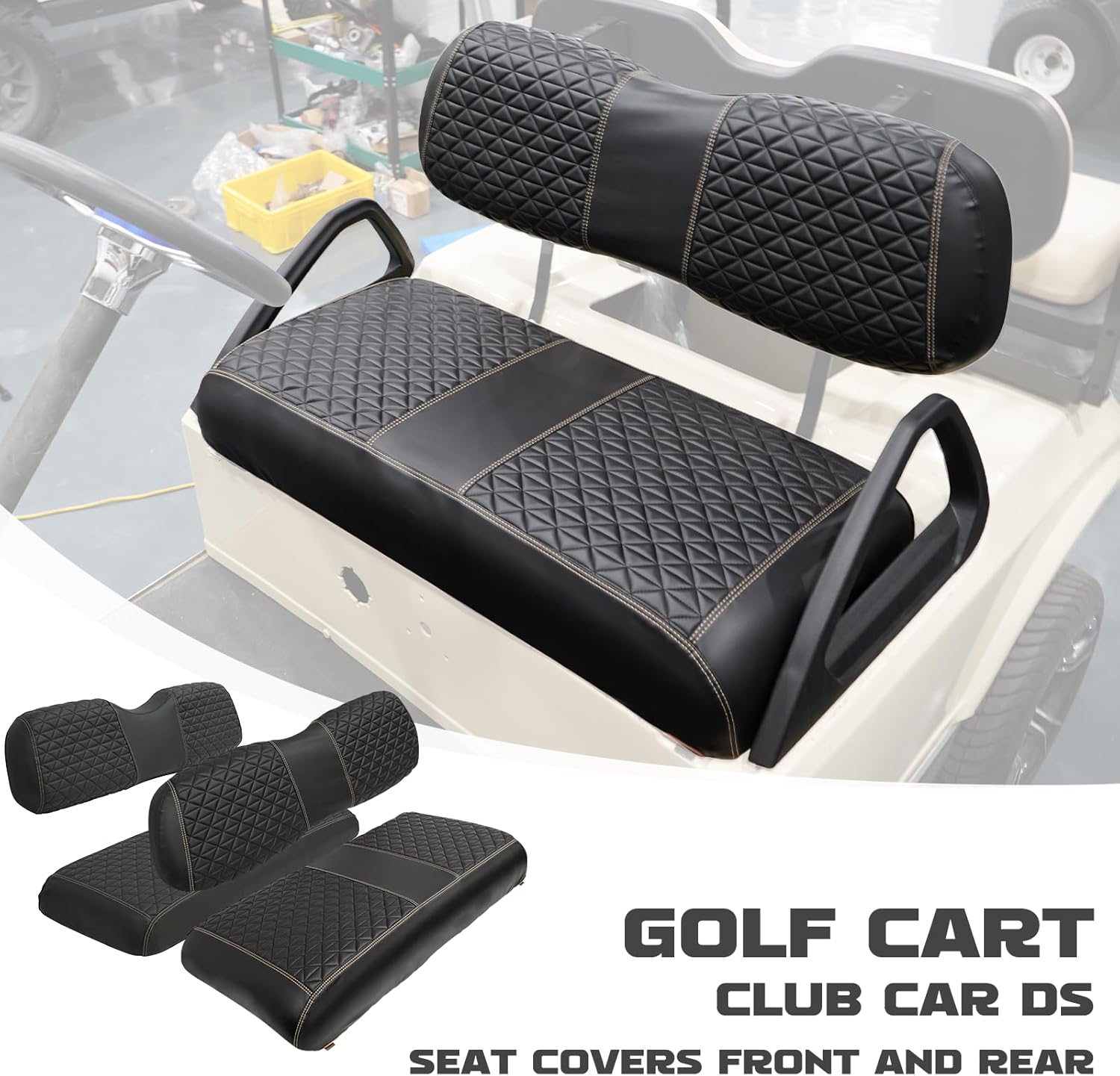 Golf Cart SongChuan High-end Seat Cover, 【Triangle Handmade Hand Cut Line Leather Seat Cover Front Plus Rear】 (For Club Car DS Models) Support Customization