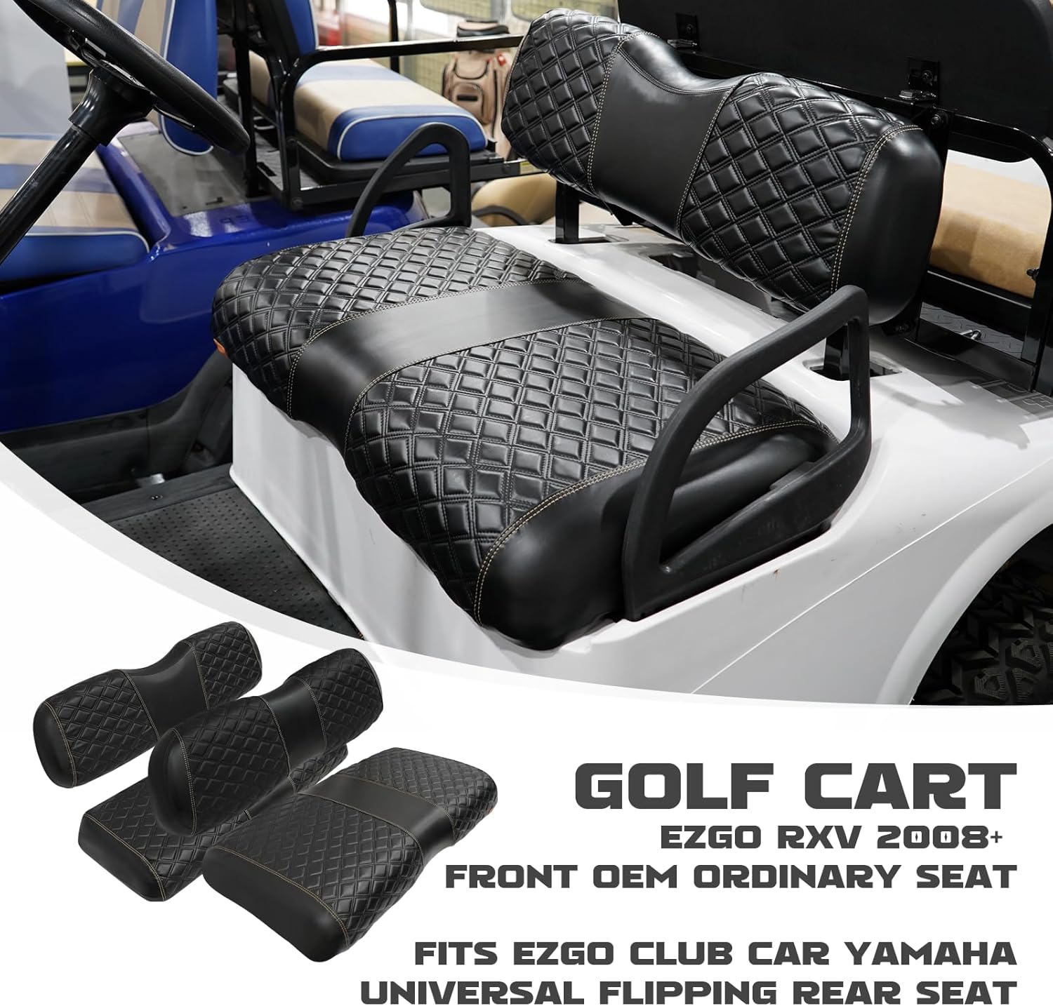 SongChuan 【2023 High-end Front and Rear Seat Covers】 Golf Cart Leather Seat Covers Handmade New Diamond Stitch Leather Seat Covers (For EZGO RXV Models) Support Customization