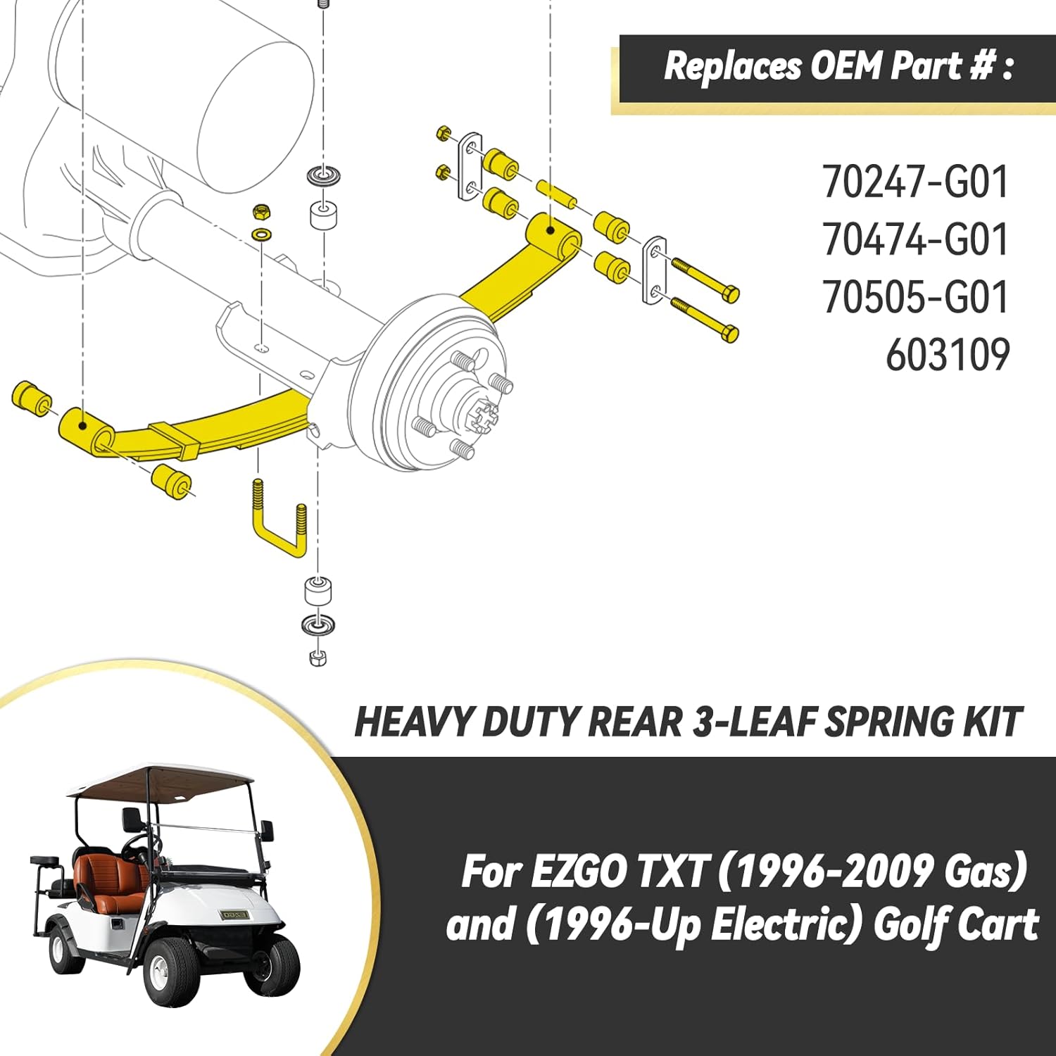 SongChuan Heavy Duty Golf Cart Rear Leaf Spring Kit 2 Leaf Springs with Bushings and Sleeves for EZGO TXT Golf Carts 1996-2009