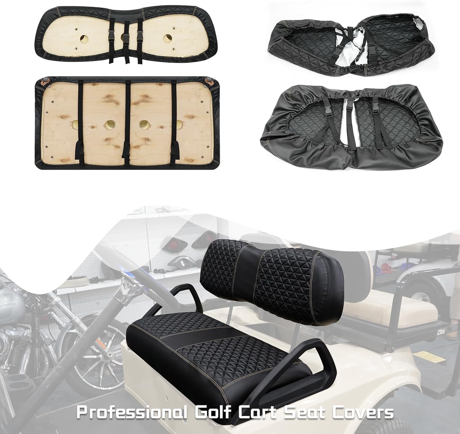 Golf Cart SongChuan High-end Seat Cover, 【Triangle Handmade Hand Cut Line Leather Seat Cover Front Plus Rear】 (For Club Car DS Models) Support Customization