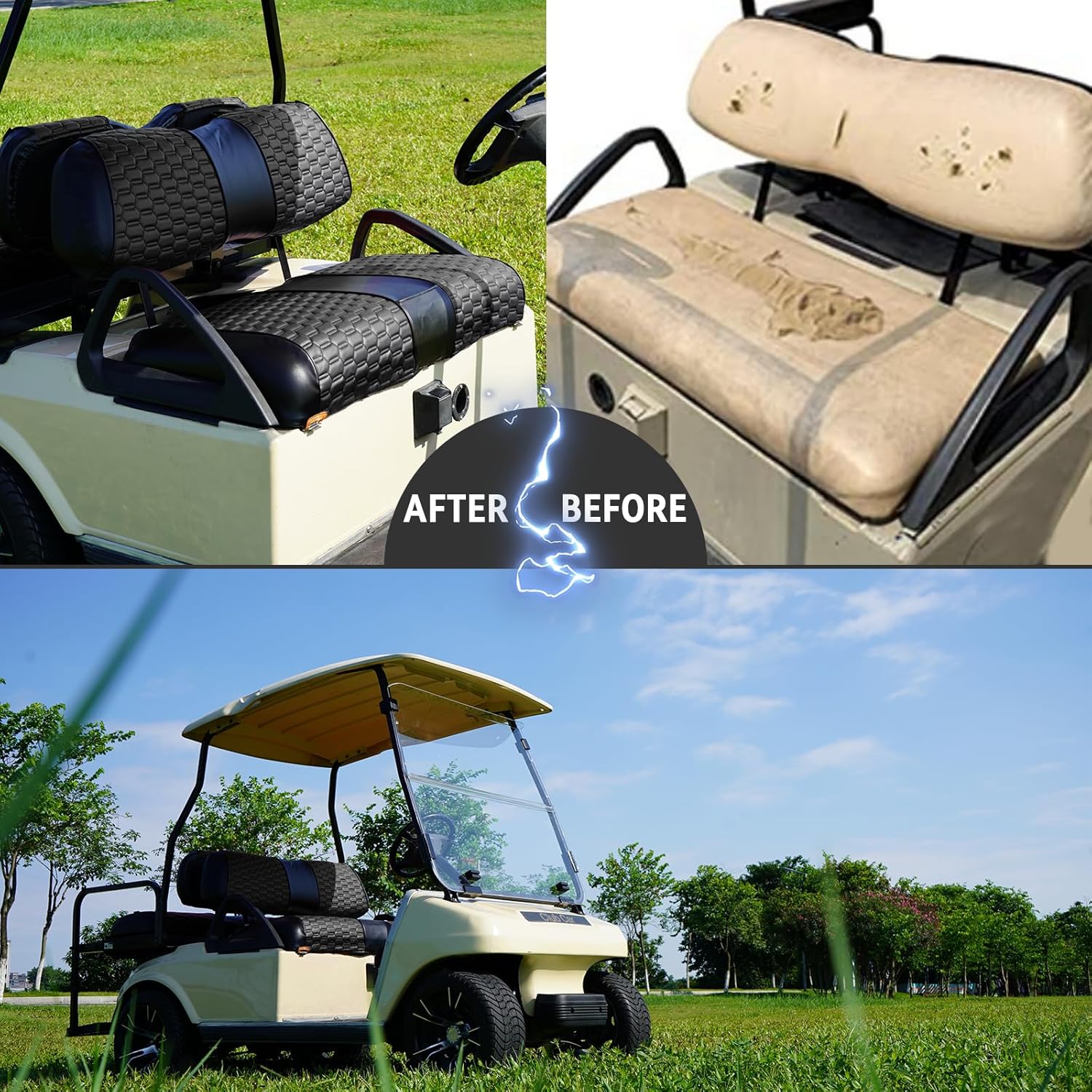 SongChuan Golf Cart High-end Seat Cover, 【Triangle Handmade Hand-Cut Thread Leather Seat Cover Front Plus Rear】 (For Club Car DS models) Support customization