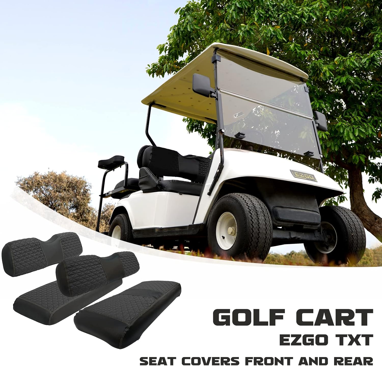 Golf Cart SongChuan High-end Seat Cover, 【Triangle Manual Hand Cut Line Leather Seat Cover Front Plus Rear】 (For EZGO TXT Models) Support Customization