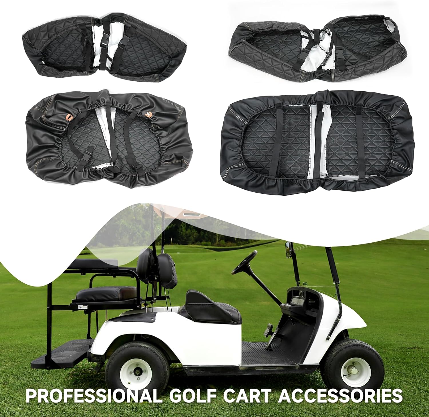 Golf Cart SongChuan High-end Seat Cover, 【Triangle Manual Hand Cut Line Leather Seat Cover Front Plus Rear】 (For EZGO TXT Models) Support Customization