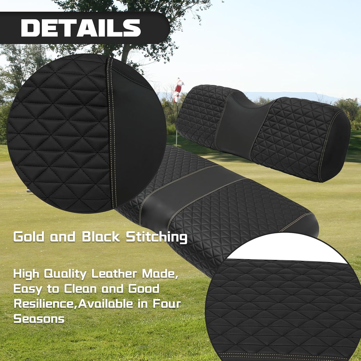 Golf Cart SongChuan High-end Seat Cover, 【Triangle Handmade Hand Cut Thread Leather Seat Cover Front Plus Rear】 (For EZGO RXV Models) Support Customization