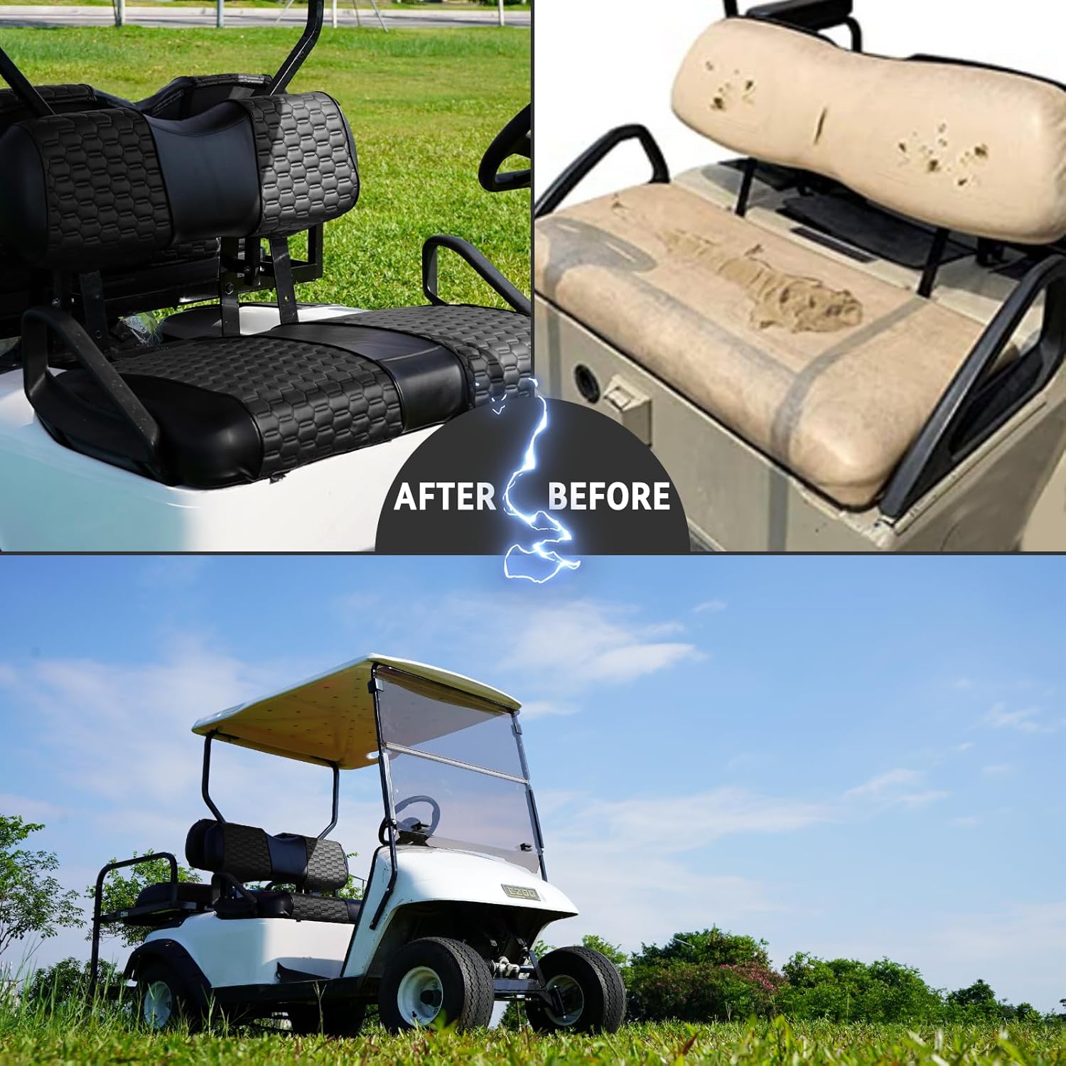 Golf Cart SongChuan High-End Seat Covers, 【Hexagonal Manual Hand-Cut Line Leather Seat Covers Front Plus Rear】 (For EZGO TXT Models) Support Customization